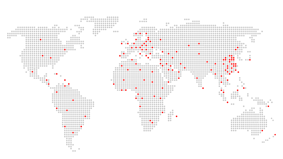 Mapa indicando las ubicaciones de SANY en el mundo